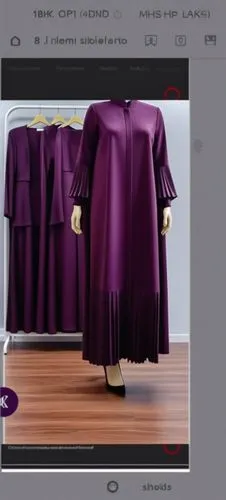 3d fashion drawing for Muslim hejab long maxi dark eggplant dress with pelisse and many plated on the end  of dress.with plated on the dress with pelisse  and plated with shoes with with dark eggplant