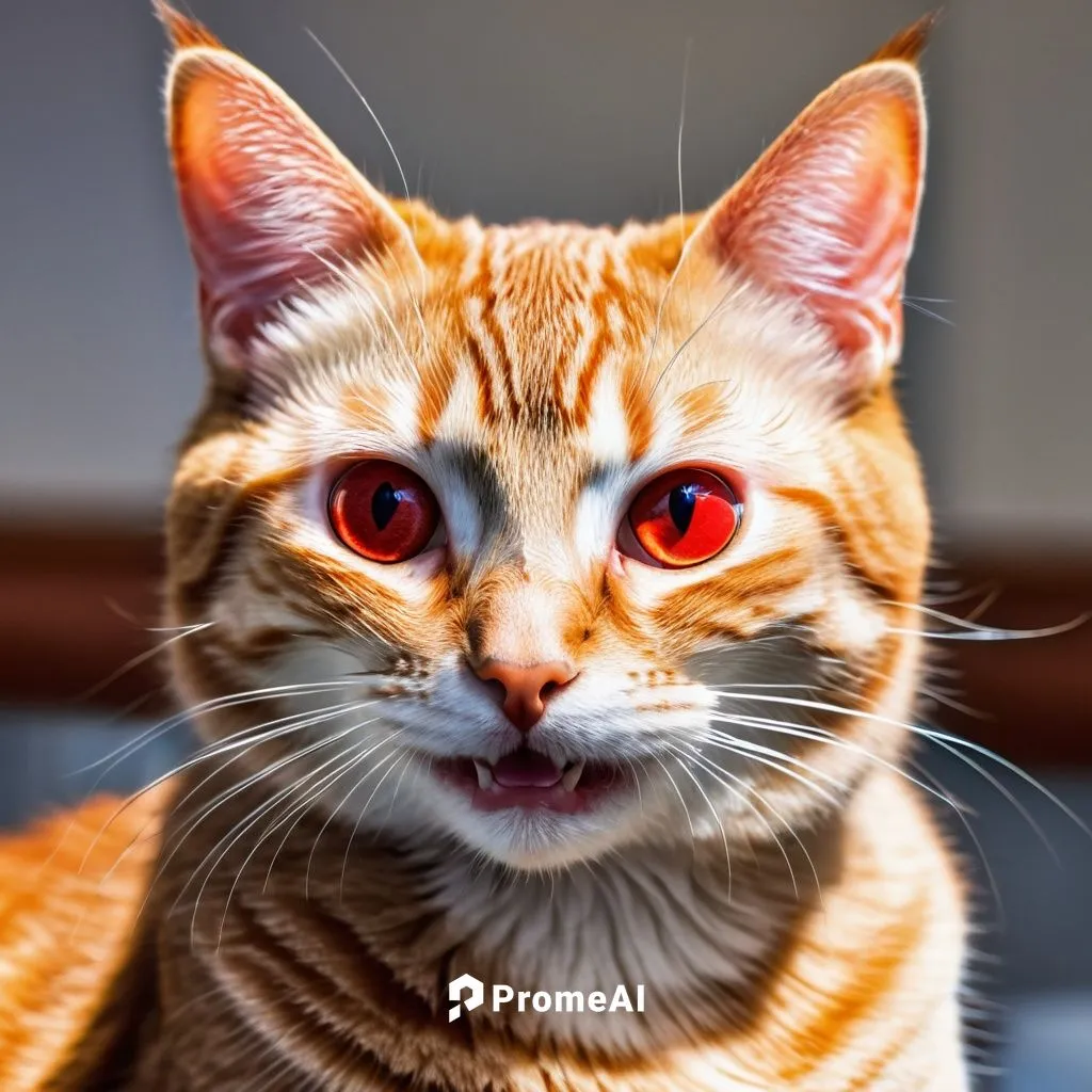 red eyed cat smiling, uncanny valley look,a cat with red eyes looks at the camera,purgatoire,mau,red whiskered bulbull,orange eyes,orange tabby cat,fire red eyes