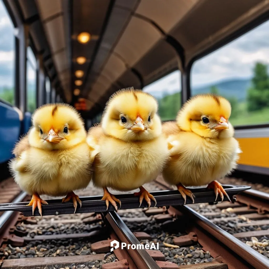 작은 병아리 세마리가 전철을 타고있다.,animal train,chicks,high-speed train,chicken chicks,baby chicks,ducklings,high speed train,double deck train,sky train,high-speed rail,car train,hen limo,rail transport,train rid