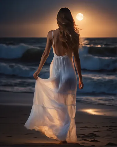 nightdress,walk on the beach,moondance,girl walking away,nightgown,woman silhouette,girl in a long dress,guiding light,caresse,the girl in nightie,light of night,girl in a long dress from the back,girl on the dune,glow of light,undertow,romantica,girl in white dress,enchantment,romantic night,voile,Photography,General,Natural