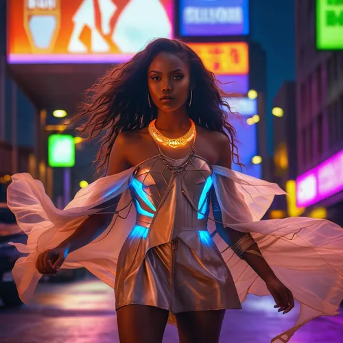 Beautiful brown skin girl crystal eyes neon light space city street cloak Gotham cyber punk girl ,neon body painting,angel,ballerina,angelic,tutu,pedestrian,futuristic,angel girl,aura,disco,luminous,g