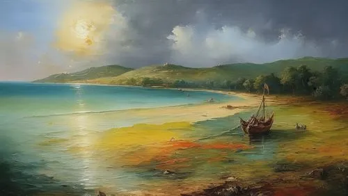 gargerous art work with oil water colors bold brush paint deep colors,coastal landscape,landscape with sea,sea landscape,beach landscape,boat landscape,kordic,seascape,an island far away landscape,put