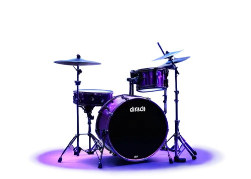 Cool drum backgrounds, night club scene, neon lights, DJ booth, drum set, metallic drums, drumsticks, leather drum throne, reflective floor, dark blue and purple hues, soft box lighting, shallow depth