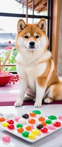 Shiba Inu, Japanese dog breed, sitting, cute expression, fluffy fur, triangular ears, curly tail, white cream cake, decorated with edible image of Shiba Inu, colorful candies, cherry on top, porcelain