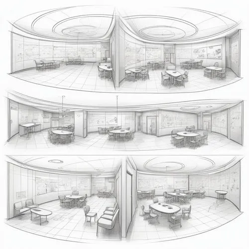 Orthogonal curved interior space sketches,  line sketches, showing the feeling of playing is healing in a children medical clinic ,several stages of the interior view of an office,sketchup,renderings,