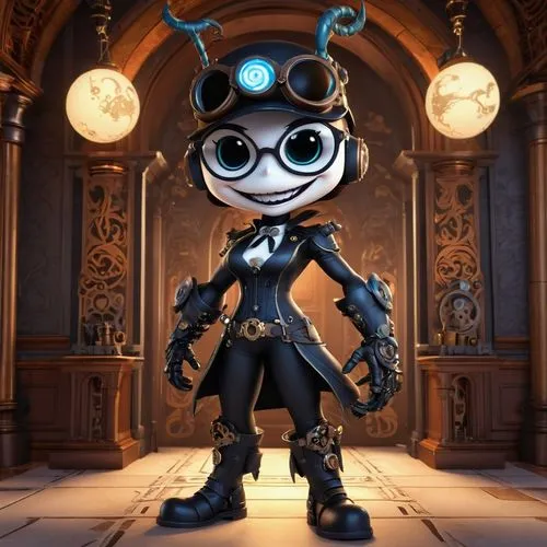 dark grind venom caracter, smile, steampunk, glasses, dark moon mural  in the building,asura,wakko,bohlander,lumidee,oswald,bayonetta,atrix,coraline,marie,octavia,gothicus,automata,kelebone,sackboy,ro