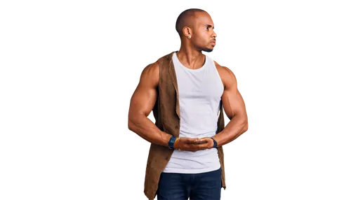 Strong black man, muscular build, shaved head, short beard, intense gaze, golden earrings, white tank top, ripped jeans, sneakers, confident posture, one hand on hip, urban background, warm lighting, 