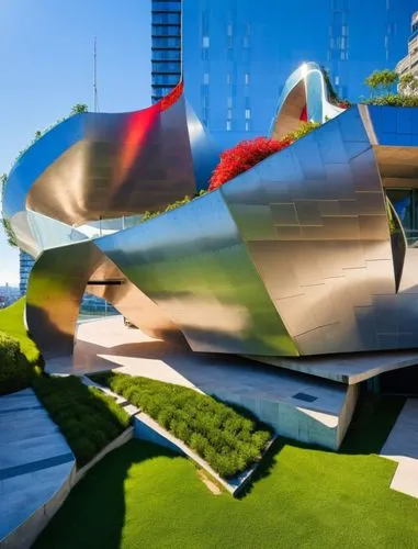 the exterior of a skyscr building with large metal structure,gehry,futuristic art museum,walt disney concert hall,steel sculpture,futuroscope,sculpture park,Photography,General,Realistic