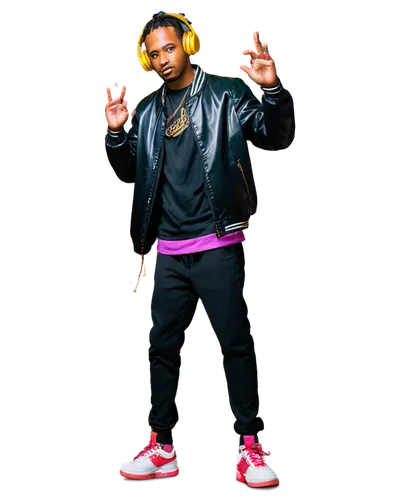 DJ, rapper, headphones, microphone, vinyl records, music notes, mixing console, studio background, night scene, colorful neon lights, urban atmosphere, dynamic pose, confident expression, gold chain, 