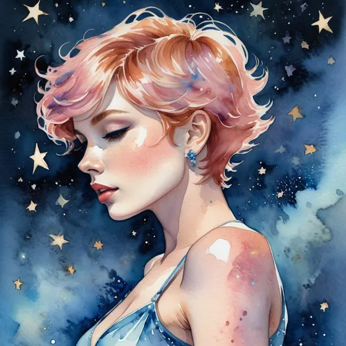 constellation,fairy galaxy,starry,constellations,watercolor pin up,andromeda,orion,starry sky,virgo,constellation swan,zodiac sign leo,zodiac sign gemini,falling stars,stars,fantasy portrait,the stars,falling star,watercolor,horoscope libra,star sign,Illustration,Paper based,Paper Based 25