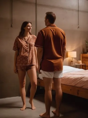 A busty woman in a short-sleeved pyjama shirt and thong is in the foreground. Her husband in the center. Room of warm sienna color, industrial dorm interior, cozy atmosphere, wooden bunk beds, metal f