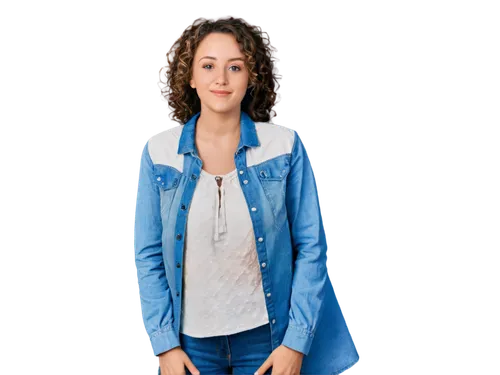 canvas, portrait orientation, close-up, beautiful detailed eyes, soft focus, gentle smile, curly brown hair, light makeup, white blouse, denim jacket, jeans, sneakers, casual posture, leaning against 