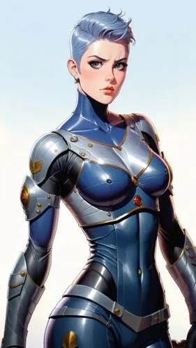 anime, short hair, fit woman, big eyes, big lips,muscle woman , militar boots, tall woman, long legs, short hair, big eyes, complete armor, militar boots,   brunette, pointed chin,a woman with a blue 