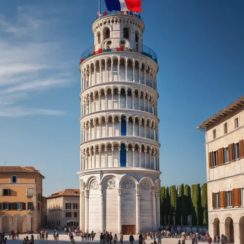 A hotel in the style of the Tower of Pisa with the colors of the French flag,pisa tower,leaning tower of pisa,pisa,italy,italy flag,renaissance tower,lucca,tower of babel,italian flag,italia,volpino i