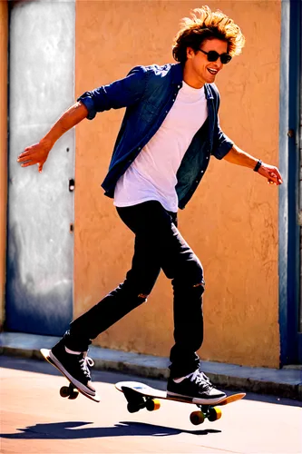 Skateboarder, male, dynamic pose, sunglasses, messy hair, casual clothing, ripped jeans, black sneakers, holding skateboard, jumping in air, urban setting, afternoon sunlight, shallow depth of field, 