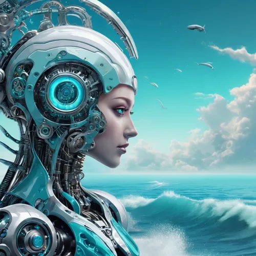 the sea maid,sea fantasy,sea god,aquanaut,nautilus,cybernetics,god of the sea,seafarer,biomechanical,sci fiction illustration,fantasy art,cyberspace,the endless sea,aquarius,sea,exploration of the sea,bottlenose,blue planet,ocean background,oceas,Conceptual Art,Sci-Fi,Sci-Fi 03