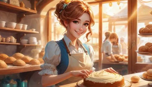 bakery,pastry shop,confectioner,girl with bread-and-butter,cake shop,girl in the kitchen,waitress,donut illustration,sufganiyah,sweet pastries,pastry chef,pâtisserie,pastries,buttercream,woman holding pie,bakery products,cream puffs,lemon cupcake,small cakes,confection,Illustration,Realistic Fantasy,Realistic Fantasy 01