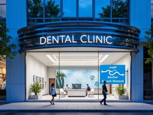 Curved facade lines, horizontal ribbon windows, minimalist entrance, polished chrome accents, sleek glass doors, modern dental clinic signage, calming blue color scheme, clean white walls, rounded cor