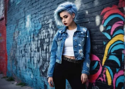 denim background,denim jacket,denim,blue hair,wallis day,jeans background,jean jacket,denim shapes,denim jeans,denim fabric,denims,denim jumpsuit,pompadour,denim bow,bluejeans,punk,concrete background,brick wall background,girl in overalls,blue jeans,Illustration,Abstract Fantasy,Abstract Fantasy 19