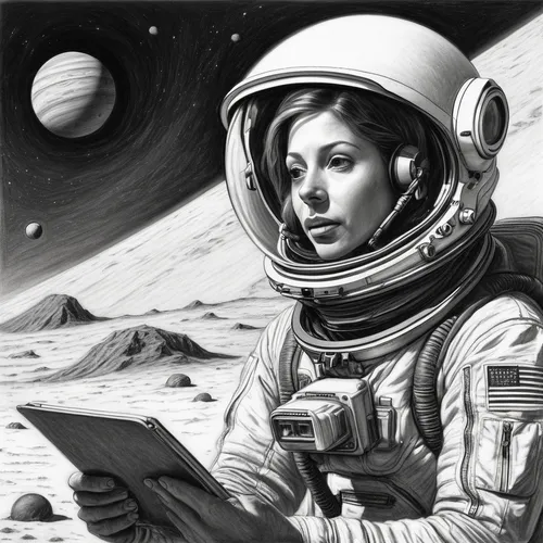 sci fiction illustration,space art,astronautics,astronaut,astronomer,text space,andromeda,spacesuit,cosmonautics day,girl studying,space-suit,spacefill,space suit,illustrator,space,cosmonaut,space travel,astronauts,book illustration,world digital painting,Illustration,Black and White,Black and White 35