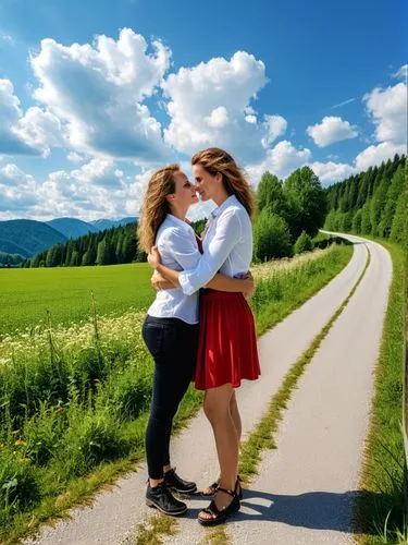 Birgit to Sabina: “Oh please, take me with you on your big journey!”,two women hugging each other by the road in the countryside,wlw,allgäu kässspatzen,lesbos,steiermark,two girls,avalance,Photography