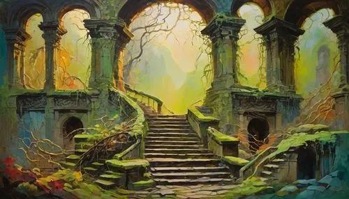 hall of the fallen,ruin,ruins,labyrinthian,prospal,abandoned place,mausoleum ruins,fantasy landscape,karakas,seregil,necropolis,lost place,fantasy art,the ruins of the,fantasy picture,castle of the corvin,sanctum,ghost castle,ruined castle,alfheim,Conceptual Art,Oil color,Oil Color 20