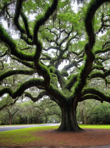 The Lichgate Oak tree is a large, sprawling Southern Live Oak (Quercus virginiana), covered in resurrection ferns, at Lichgate on High Road in Tallahassee, Florida.,brookgreen gardens,oak tree,arbor d