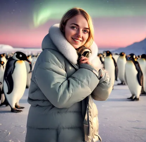 young happy woman in a warm jacket at the south pole,
Northern lights in the background, lots of penguins around,emperor penguin,the polar circle,arctic penguin,emperor penguins,penguin couple,penguin