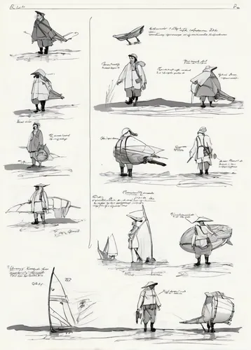 'On the Low Road to the Sea' by artist Rosanne Barr,fighting poses,exercises,male poses for drawing,airships,grilled food sketches,wind machines,concept art,types of fishing,sea scouts,wind surfing,ge