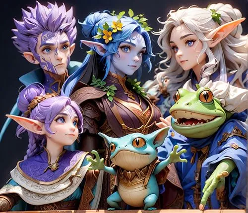 group photo of 5 adventurers, (a wooden automaton) (blue-lady-druid) (lavender elf-lady)
grey-skin halfling) (monster) (humanoid frog),a group of cartoon characters standing around each other,kobolds,