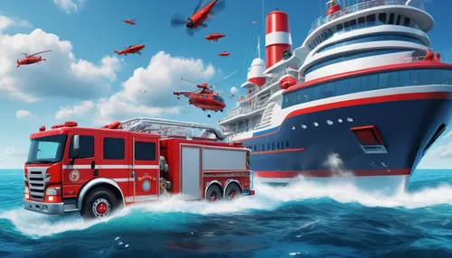 Imagine a futuristic world where firetruck games are virtual reality simulations,turntable ladder,fire-fighting,fire fighting water,rescue service,rescue workers,fire fighting technology,fire-fighting