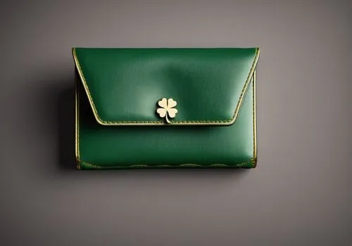 create a 3d render of a wallet. include green leather, gold stitching, and a gold 3d clover emblem,leather goods,common shepherd's purse,purse,luxury accessories,four-leaf clover,five-leaf clover,coin