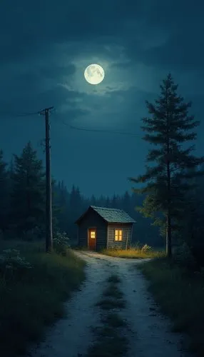 lonely house,night scene,world digital painting,small cabin,moonlit night,night image,Photography,General,Realistic