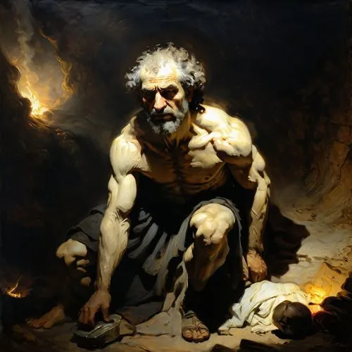 "Reimagine Francisco de Goya's Saturn Devouring His Son painted as if by Rembrandt. The painting should retain the dramatic subject matter but be transformed through Rembrandt’s distinctive Baroque st