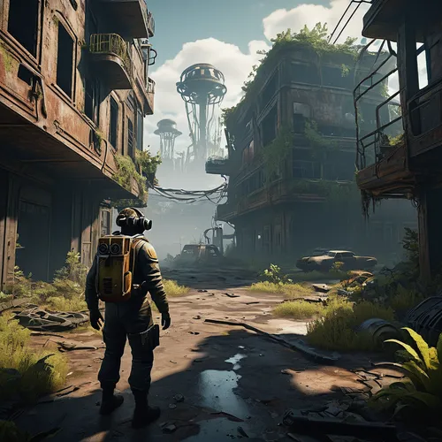 post-apocalyptic environment, deserted cityscape, rusted vehicles, overgrown vegetation, dilapidated buildings, Fallout VR theme, Oculus Quest 2 headset visible, player character in vault jumpsuit, Pi