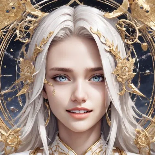 a painting of a woman with white hair wearing a golden costume,zodiac sign libra,seregil,galadriel,fantasy portrait,elenore,elendil