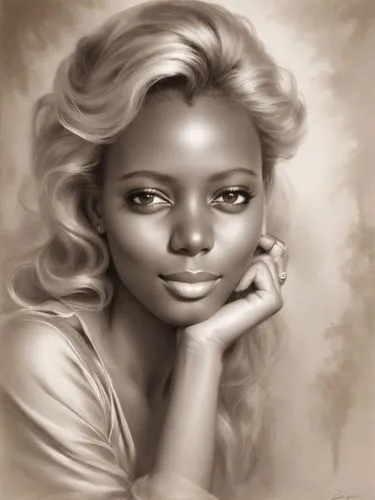 Beautiful blonde woman in the style of Boris Vallejo, in sepia tones, a pencil drawing portrait with brush strokes, soft lighting, a full body with her head resting on her hands, a romantic and myster