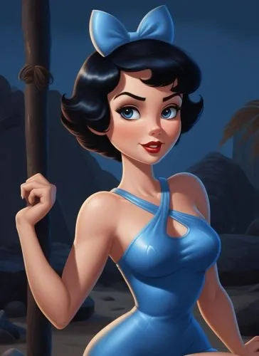 premiada foto realista de Betty Rubble, da era dos homens das cavernas, Os Flintstone, idade da pedra, de corpo Pernas grossas, Lindas e torneadas, cabelo curto, laço de cabelo, na praia, vestindo um 