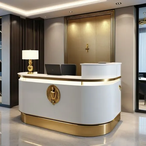 Create a sleek, modern French reception desk with clean lines and a neutral colour palette. Ensure it has ample space for paperwork and technology while maintaining a clutter-free surface. Incorporate