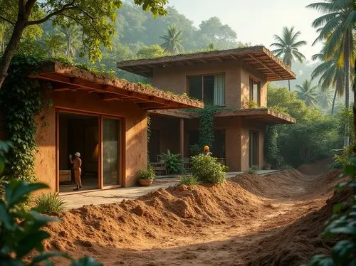 Natural, earthy mud material, building, construction site, architecture, eco-friendly, sustainable, green building, modern villa, tropical climate, jungle surroundings, vines climbing up walls, exotic