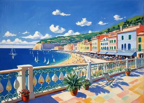 Seaside, scenic coastline, Mediterranean style buildings, grandiose architecture, tourist attractions, vibrant blue waters, sailboats, yachts, seagulls flying overhead, warm sunny day, clear blue sky,