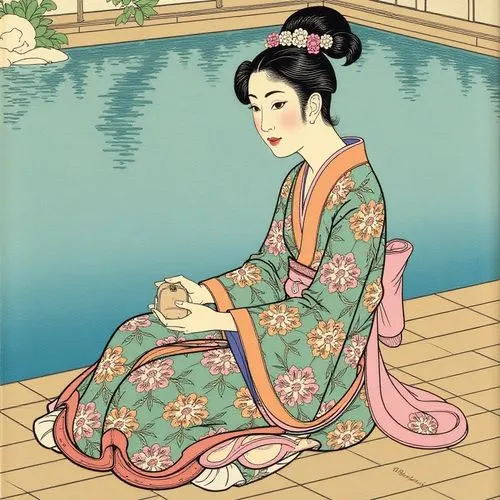 maiko,woman sitting,ukiyoe,uemura,omotoyossi,japanese woman