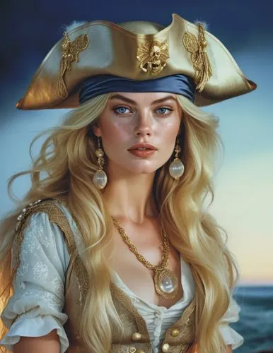 a woman wearing a pirate hat, charlie bowater character art, treasure island, it is the captain of a crew, black and white coloring, drawn in the style of mark arian, portrait of margot robbie, unused