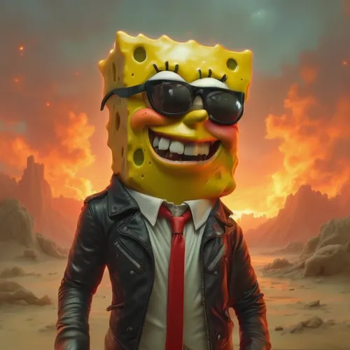 a man dressed in a suit with sunglasses, a tie and a costume is standing in the desert,pubg mascot,spongelike,brickowski,mpaulson,squarepants,sunndi