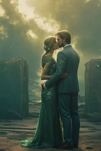 an image of a couple emcing on the forehead of each other,saawariya,shannara,romantic scene,emerald sea,mermaid background,green mermaid scale,Illustration,American Style,American Style 01