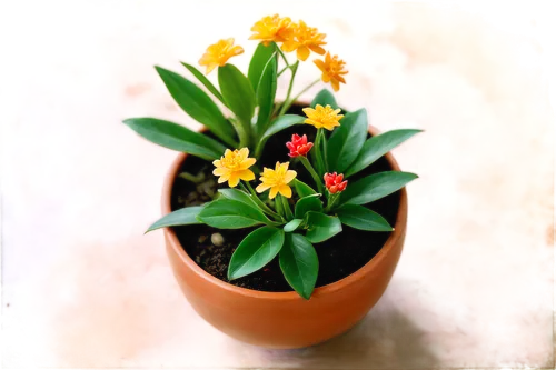 Top view, potted plants, green leaves, delicate petals, colorful flowers, thin stems, ceramic pot, earthy texture, natural material, shallow depth of field, soft diffused light, warm color tone, 3/4 c