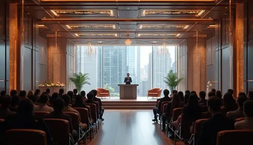 Modern conference hall, grand interior design, fibreglass walls, shiny reflective surface, intricate patterns, luxurious ambiance, elegant chandeliers, sleek lines, minimalistic decor, spotlights, woo