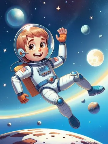 Astronaut boy,a boy wearing an astronaut's gear flying around the planet,astronautical,astronautic,taikonauts,astronaut,cosmonaut,taikonaut,Illustration,Children,Children 02