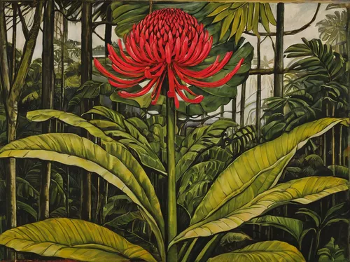 Write a descriptive paragraph about a torch ginger flower in a tropical rainforest.,david bates,ensete,torch ginger,protea,illustration of the flowers,tropical bloom,pitahaja,flower illustration,giant