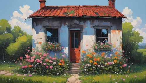 Create a serene painting of a cinder house surrounded by blooming flowers in a quaint countryside.,little house,small house,lonely house,old home,house painting,summer cottage,cottage,home landscape,o